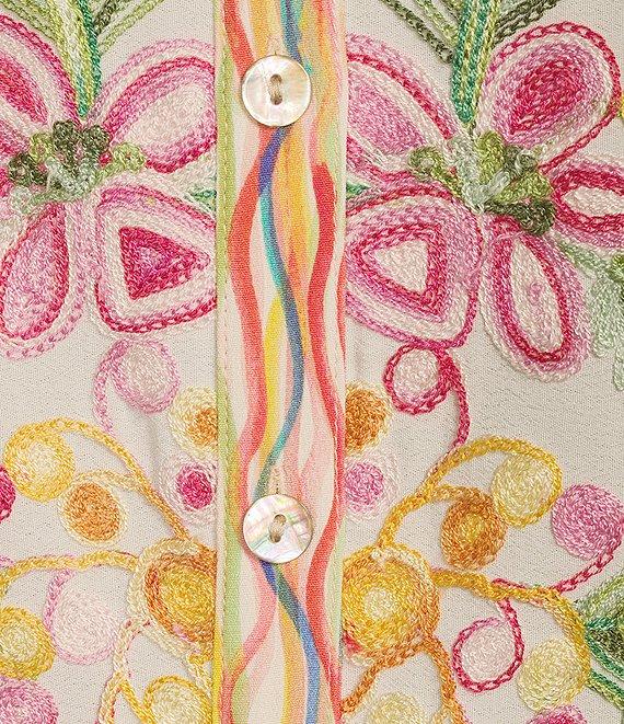 John Mark Embroidered Mixed Print Point Collar 3/4 Roll-Tab Sleeve Button Front Tunic Product Image
