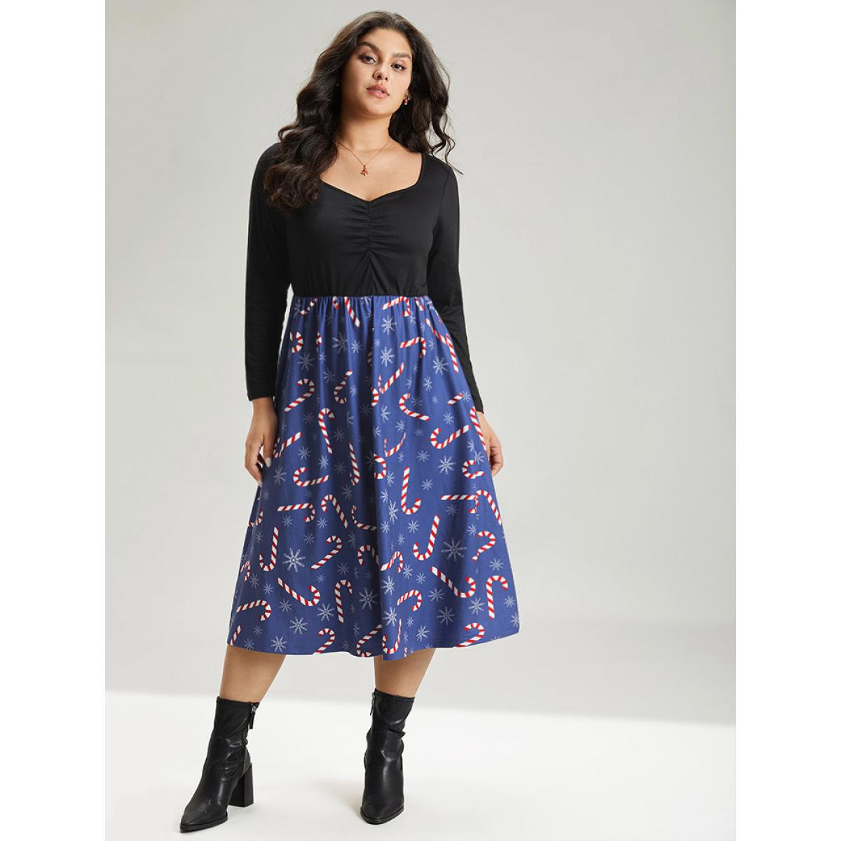 Plus Size Snowflake & Christmas Candy Print Pocket Ruched Dress DarkBlue Women Elegant Gathered Square Neck Long Sleeve Curvy Midi Dress BloomChic 30/6X Product Image