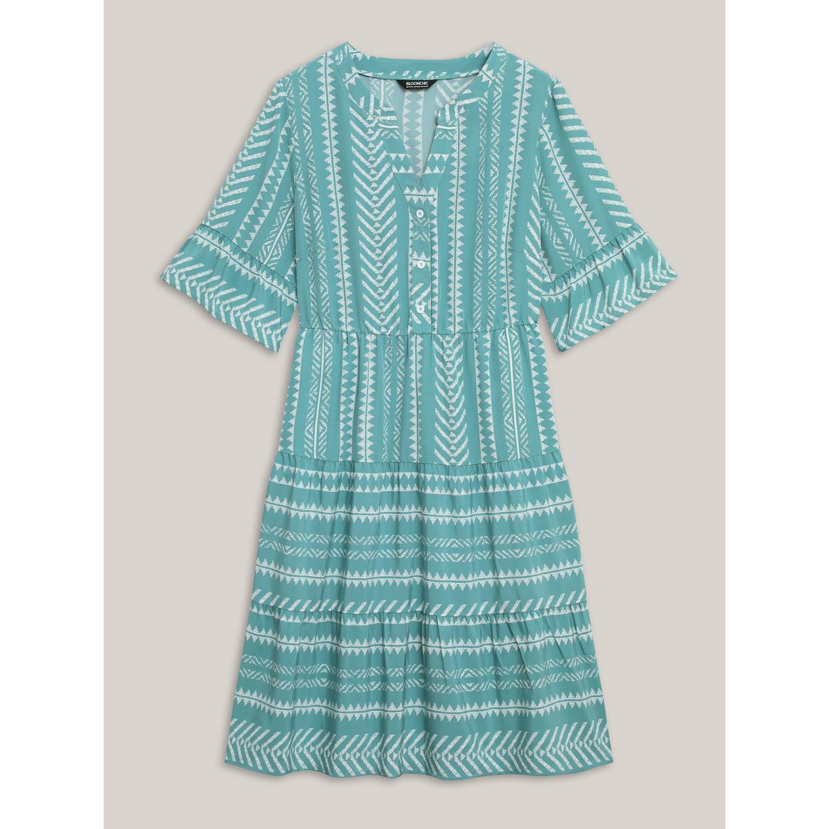 Plus Size Boho Stripe Print Stretchy Waist Midi Dress Turquoise Women Resort Button Flat collar with V-notch Half Sleeve Curvy BloomChic 12/L Product Image