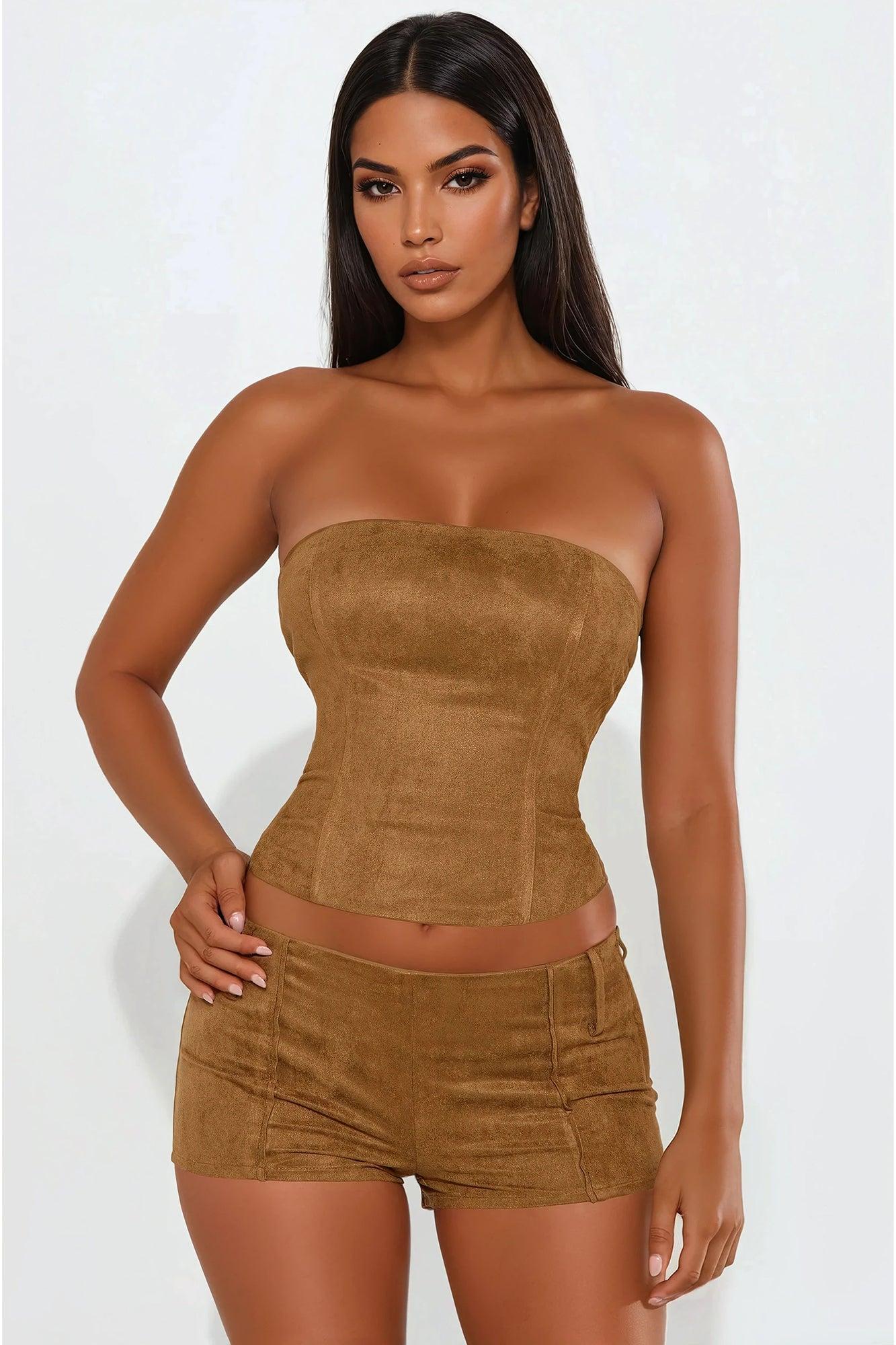 Spicy Chic Faux Leather Corset Short Set - Brown Product Image