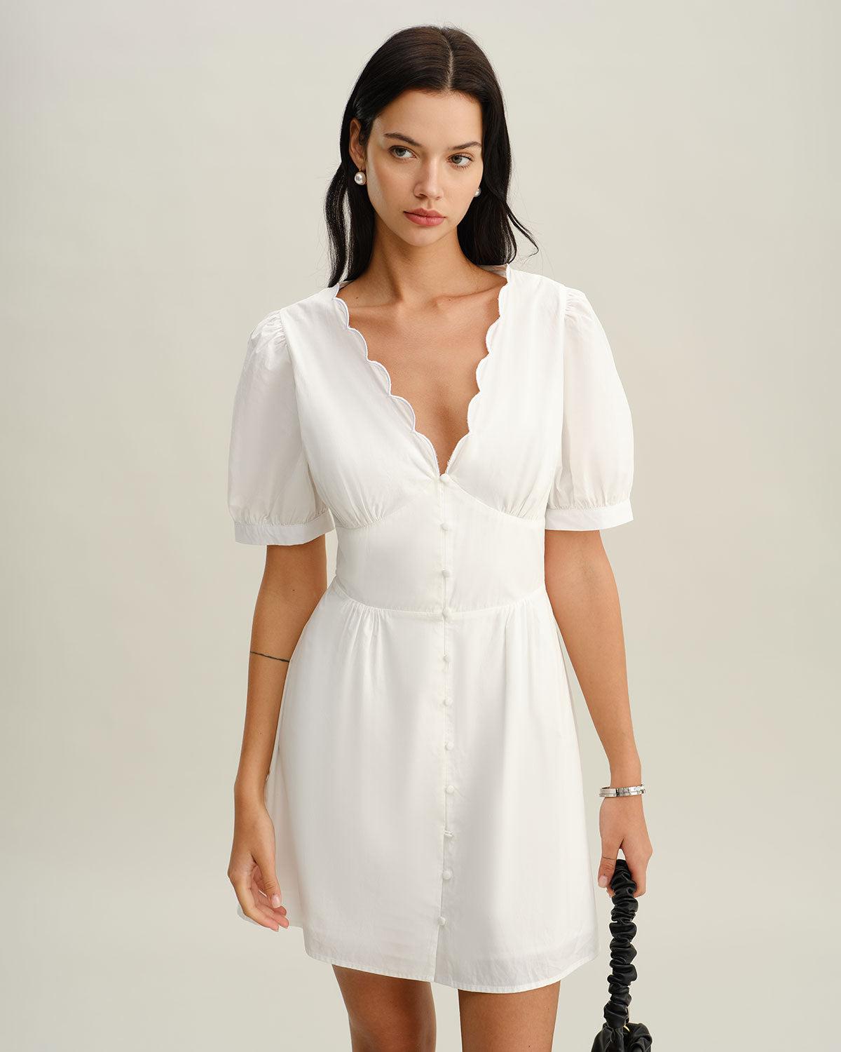 White V-Neck Ruched Mini Dress Product Image