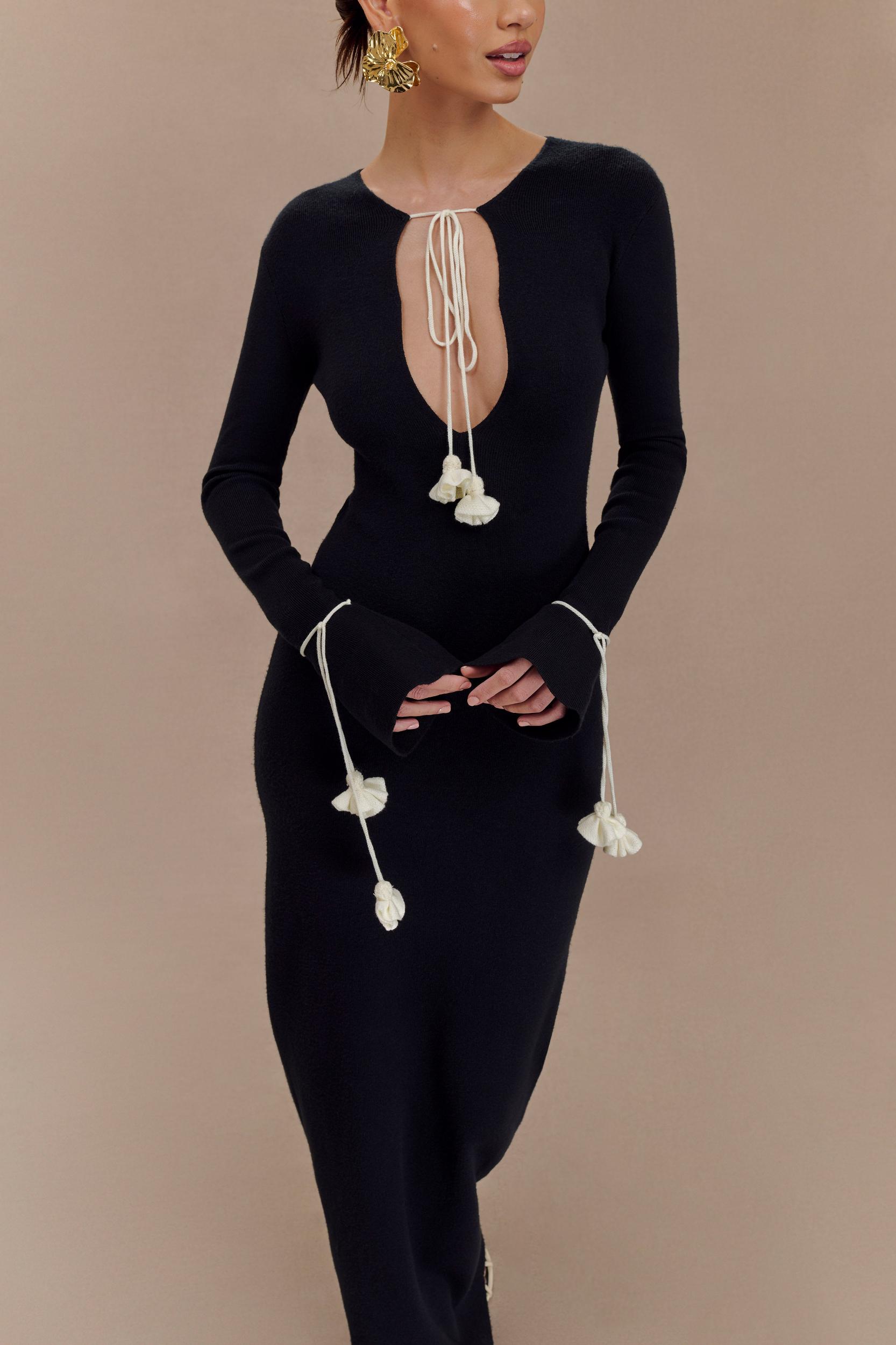 Erica Knit Maxi Dress With Floral Ties - Black And White Product Image