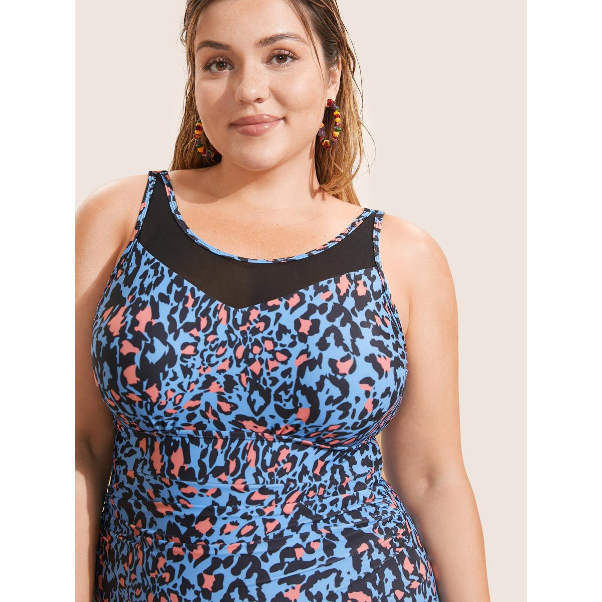 Plus Size Leopard Print Gathered See Through One Piece Swimsuit Women's Swimwear Cerulean Beach Gathered Curve Bathing Suits High stretch One Pieces BloomChic 22-24/3X Product Image