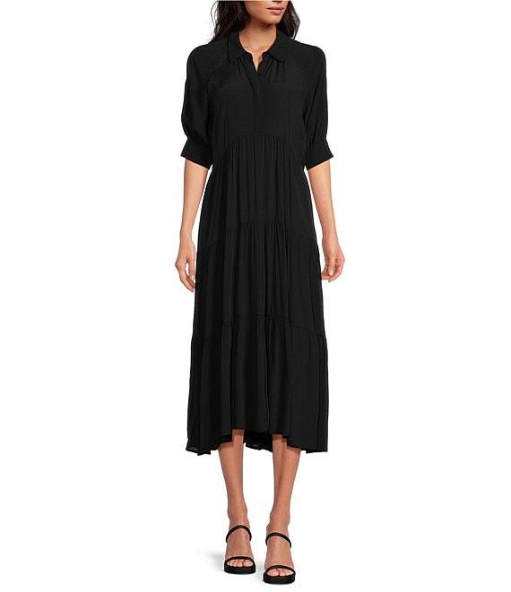 A Loves A Button Down Collar Short Balloon Cuff Sleeve Tiered Waistless Midi Shirt Dress Product Image