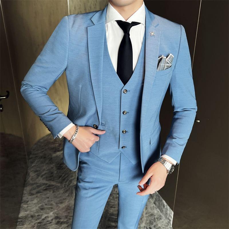 Set: Lapel Collar Plain Single Button Blazer + Mid Rise Plain Dress Pants + V-Neck Plain Single Breasted Vest Product Image