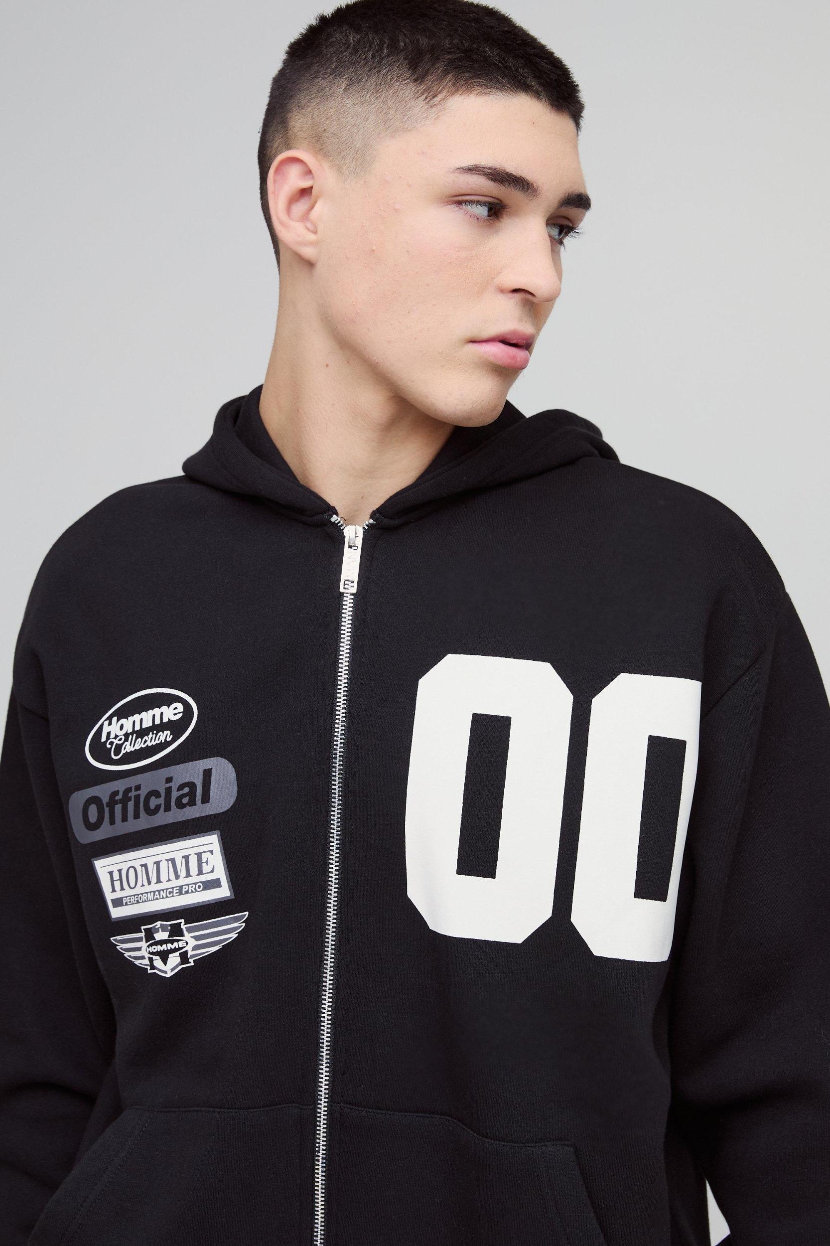 330gsm Oversized Official Varsity Hooded Split Hem Zip Tracksuit | boohooMAN USA Product Image
