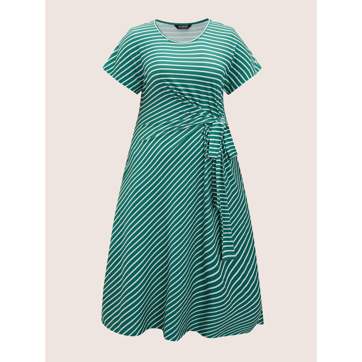 Plus Size Striped Tie Knot Batwing Sleeve Split Side Dress Emerald Women Casual Tie knot Round Neck Cap Sleeve Curvy BloomChic 18-20/2X Product Image