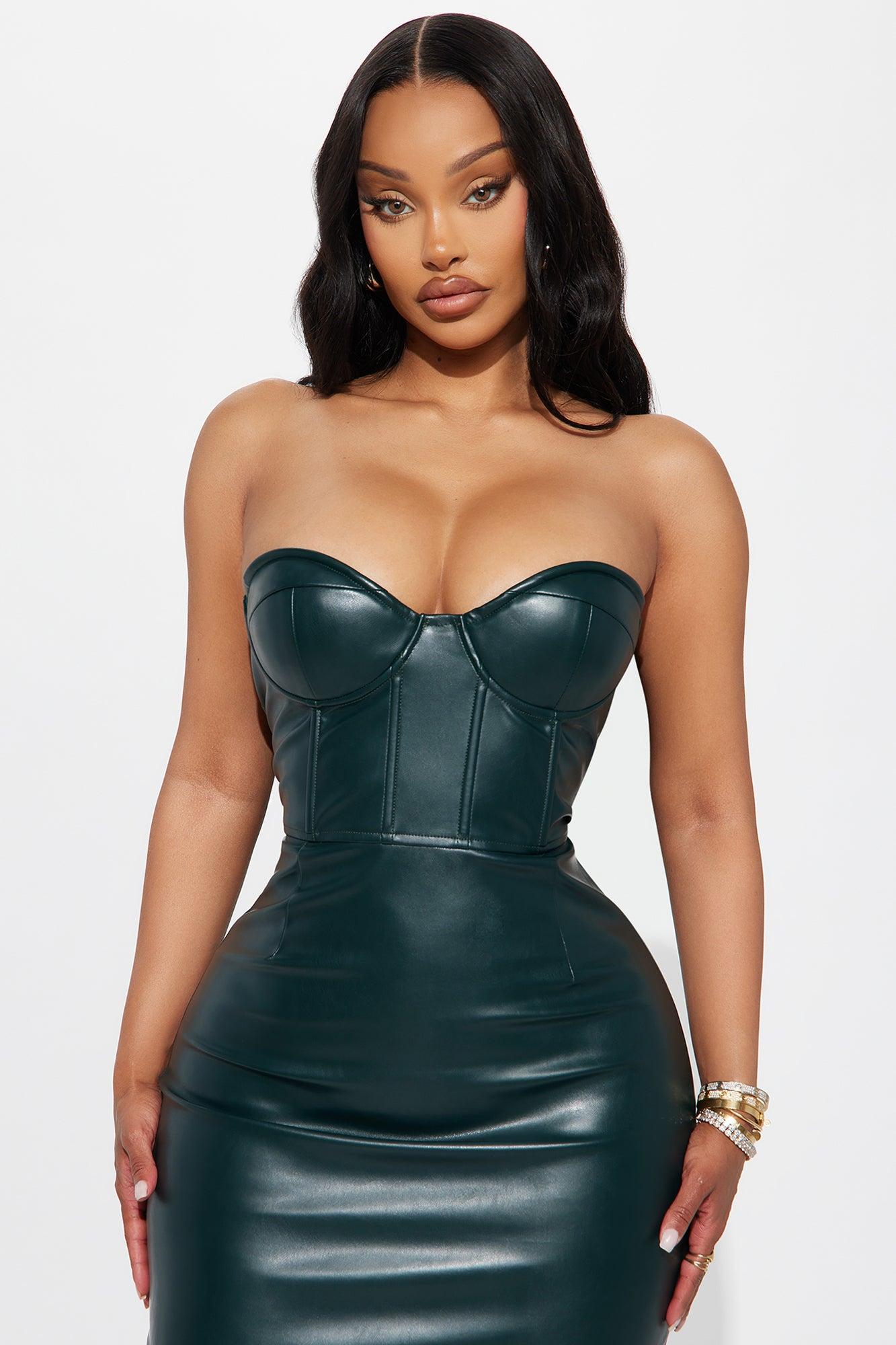 Fall Leaves Faux Leather Midi Dress - Hunter Female Product Image