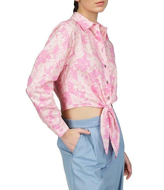 Michael Kors Collared Neckline Long Sleeve Palm Print Tie Shirt Product Image