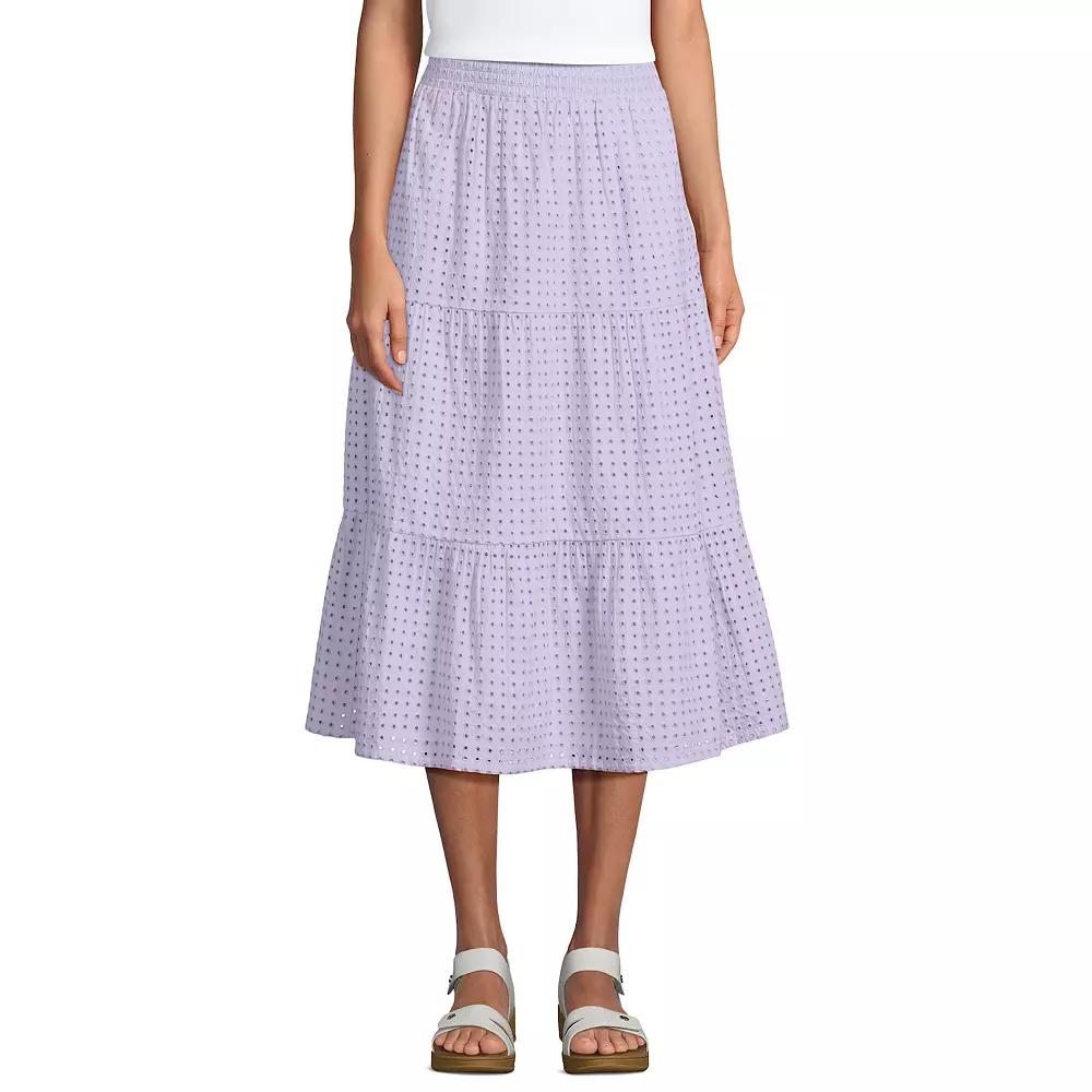 Women's Lands' End Poplin Pull-On Tiered Eyelet Midi Skirt,  Product Image