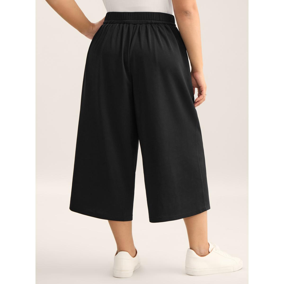 Plus Size Stretchy Drawstring Wide-Leg Pants Women Black Casual Wide Leg Mid Rise Casual Pants BloomChic 14-16/1X Product Image