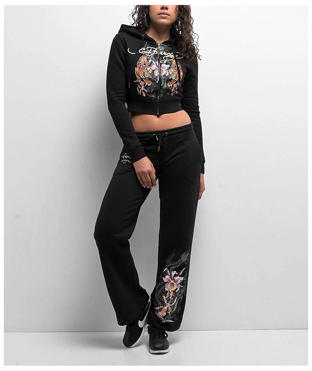 Ed Hardy Tigers Orchid Black Crop Zip Hoodie Product Image