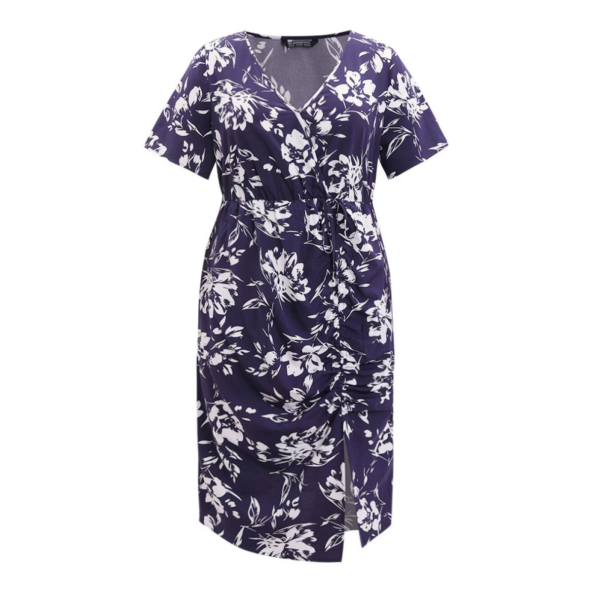 Plus Size Silhouette Floral Print Wrap Drawstring Split Hem Dress DarkBlue Women Elegant Elastic Waist V-neck Short sleeve Curvy Midi Dress BloomChic 10/M Product Image
