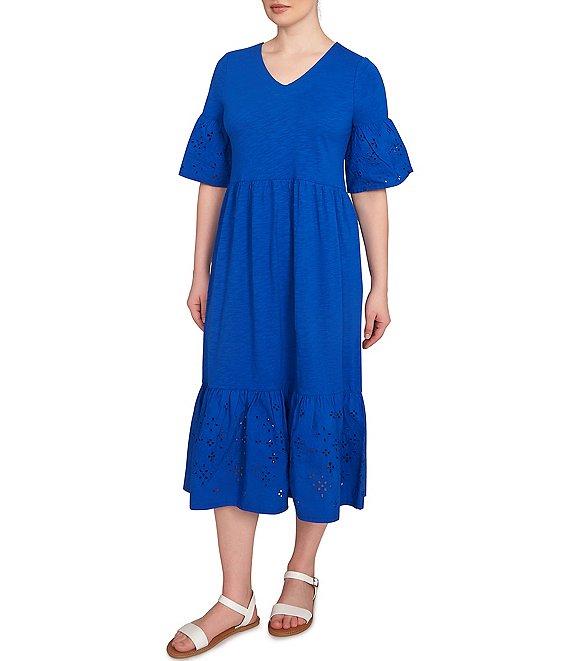 Ruby Rd. Embroidered V-Neck Elbow Sleeve Tiered Hem Midi Dress Product Image