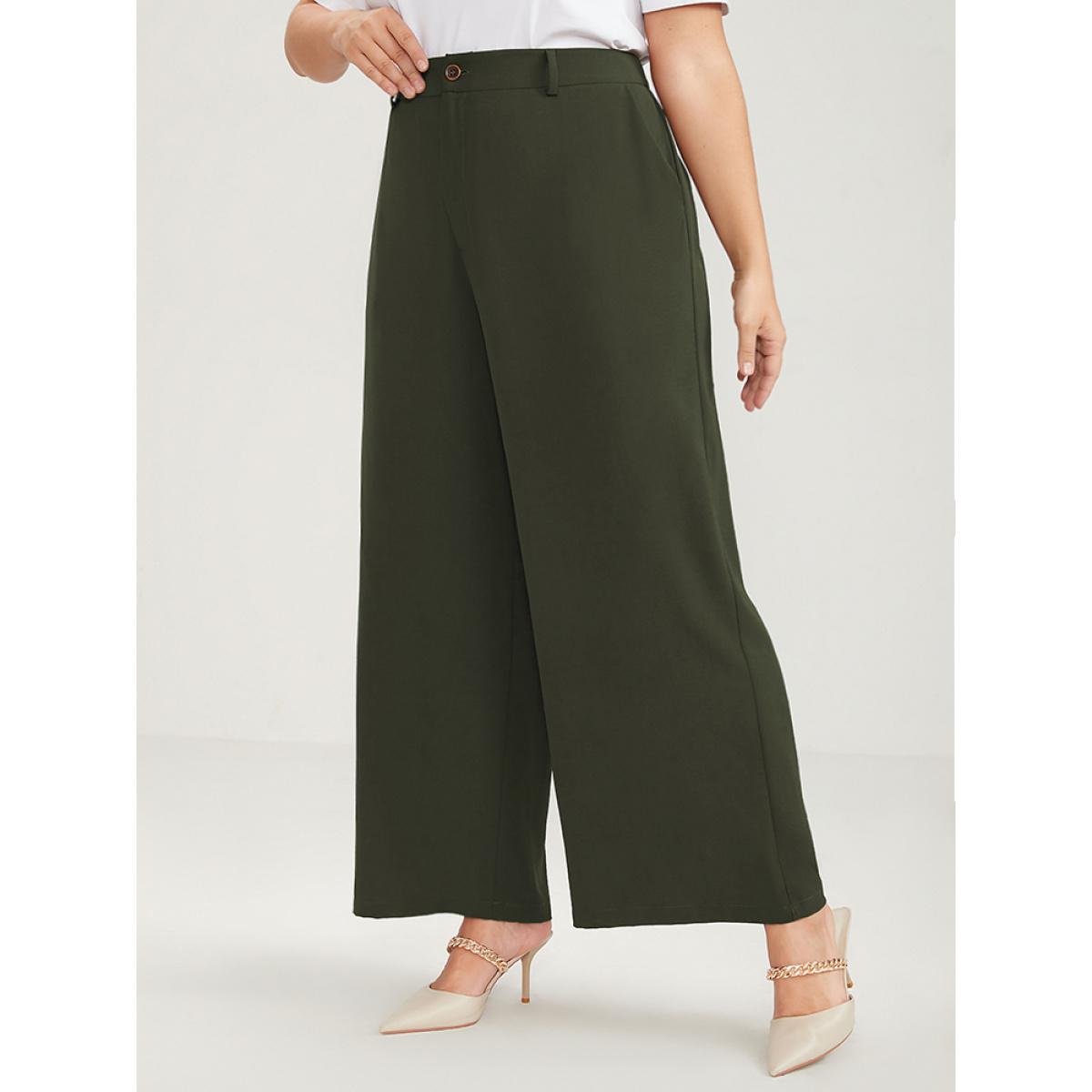 Plus Size Solid Pocket Wide Leg Pants Women ArmyGreen Office Mid Rise Office Pants BloomChic 10/M Product Image