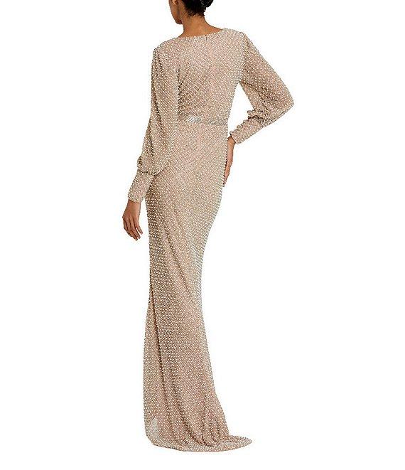 Mac Duggal V-Neck Bishop Sleeve Beaded Column Gown Product Image