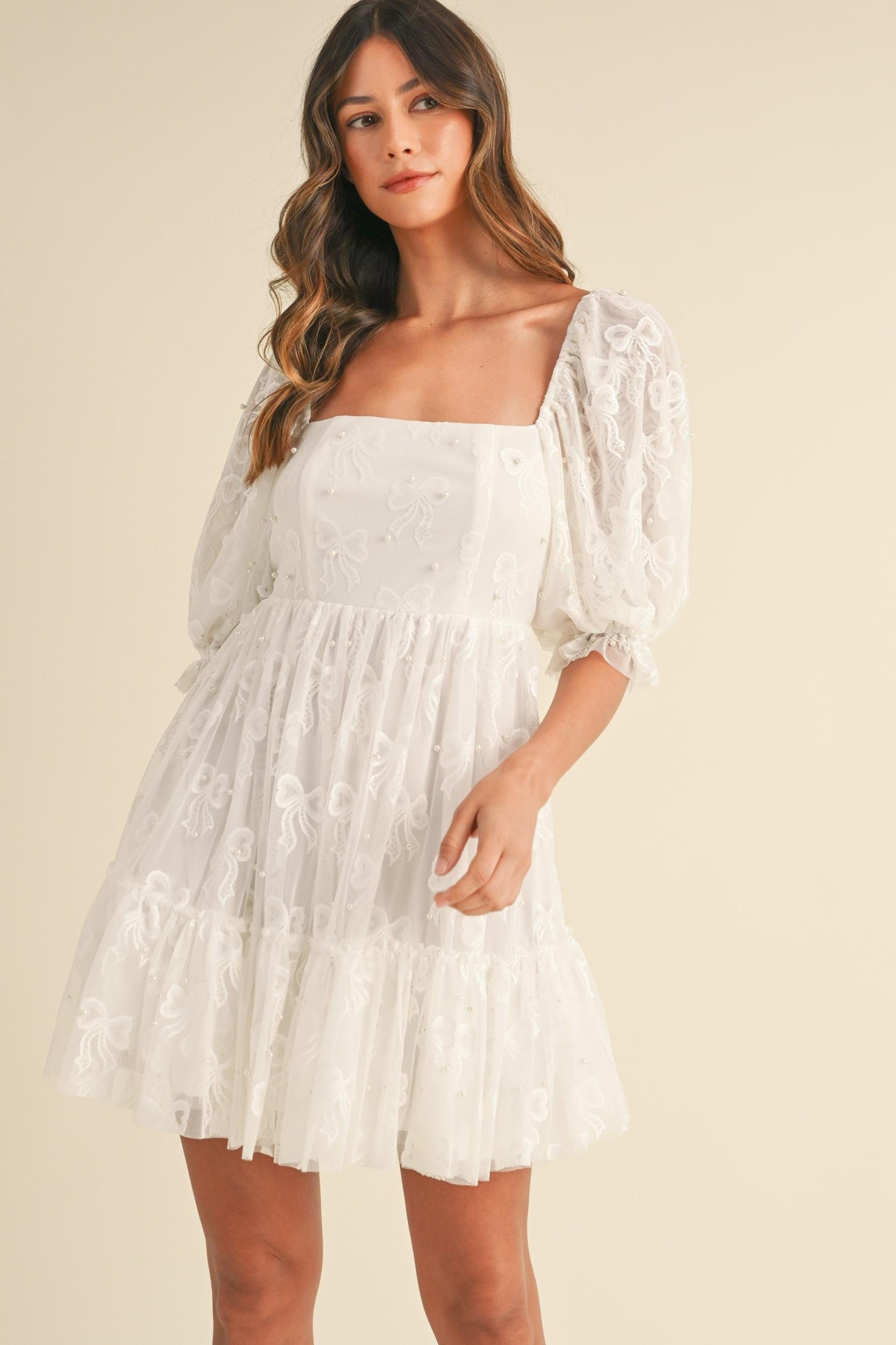 Jacquard Bow & Pearl Detail Mesh Dress Product Image