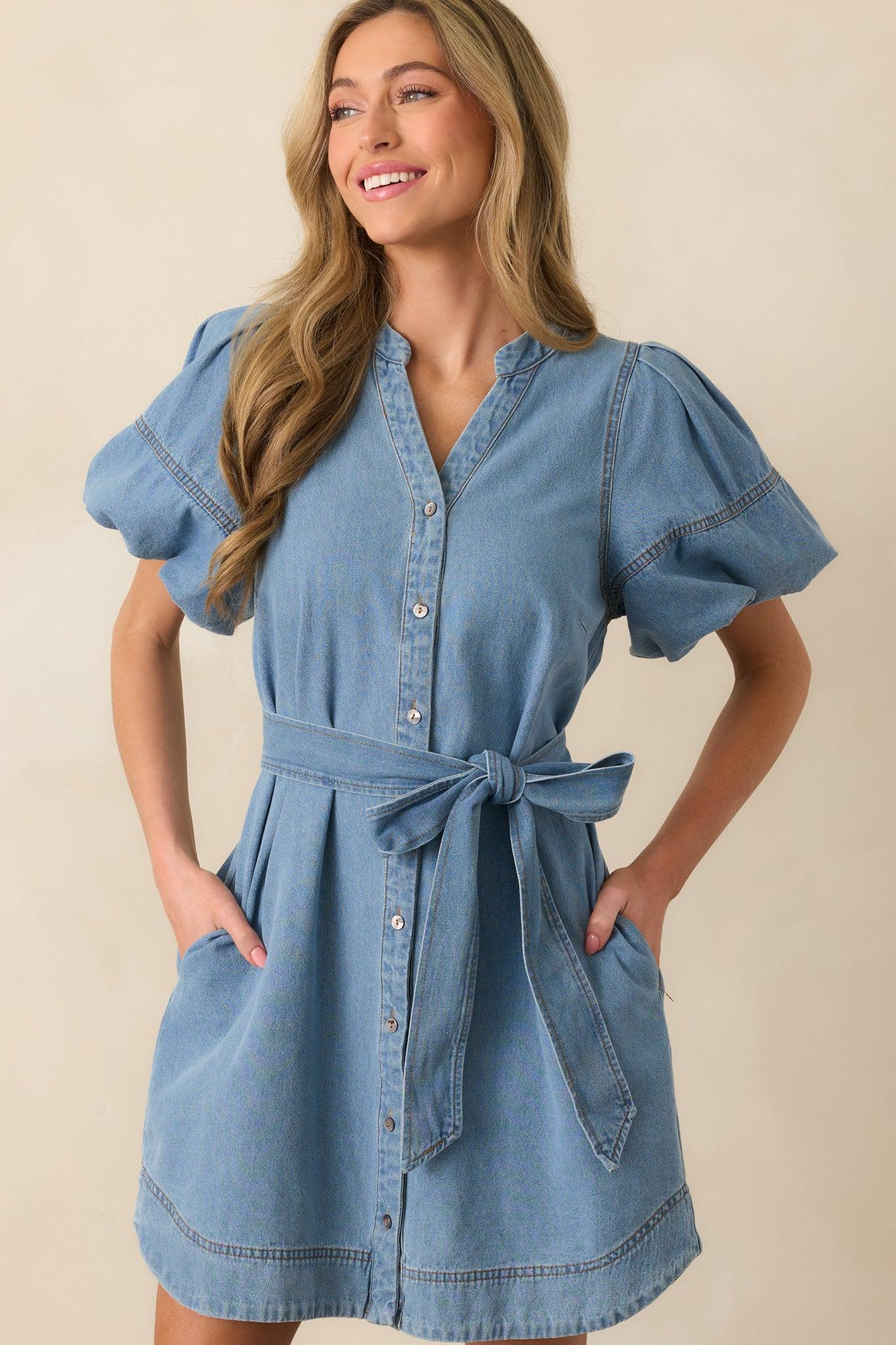 Rooftop Soiree Light Wash Denim Button Front Mini Dress Product Image