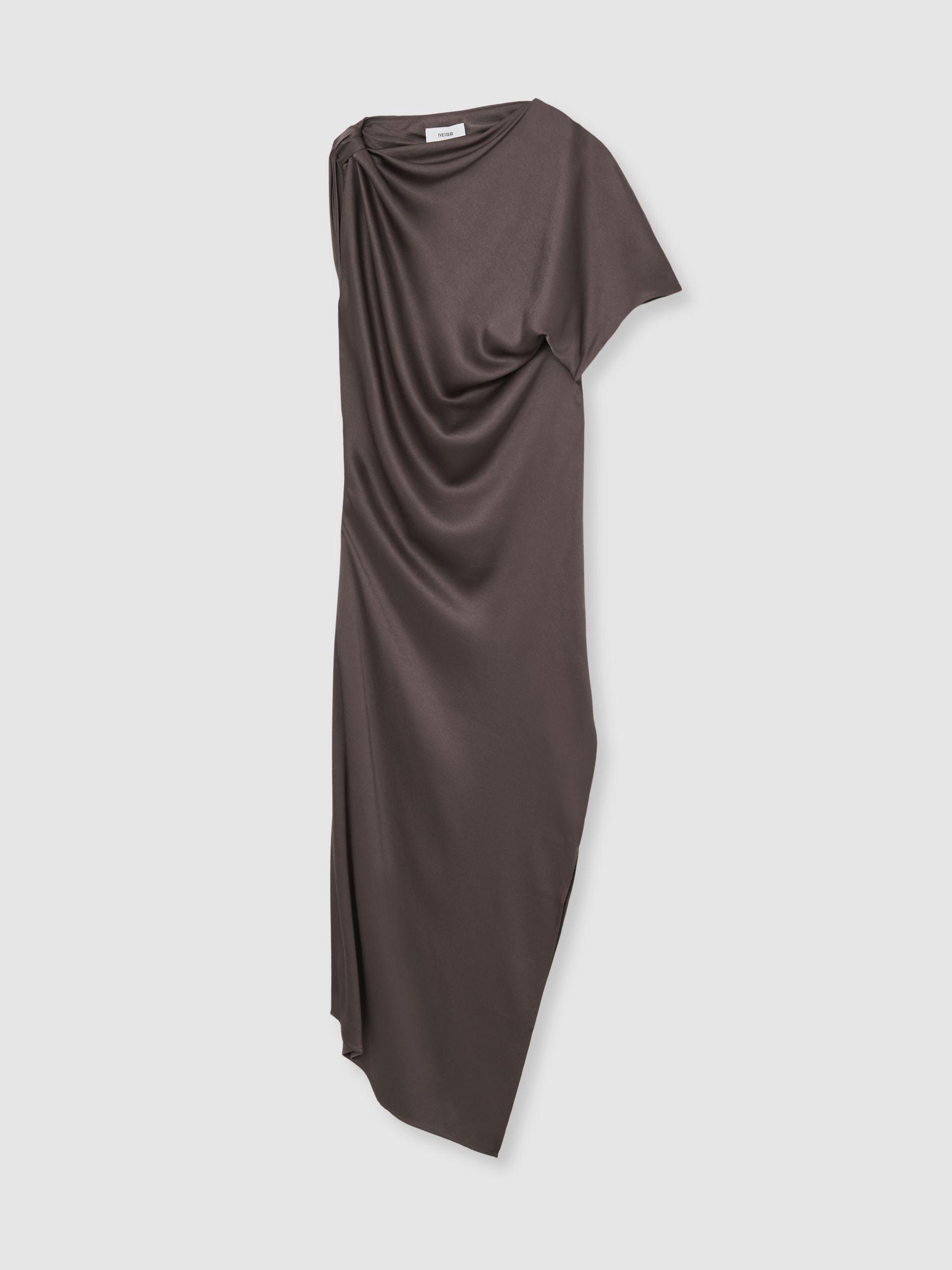 Satin Asymmetric Draped Midi Dress in Mauve Product Image