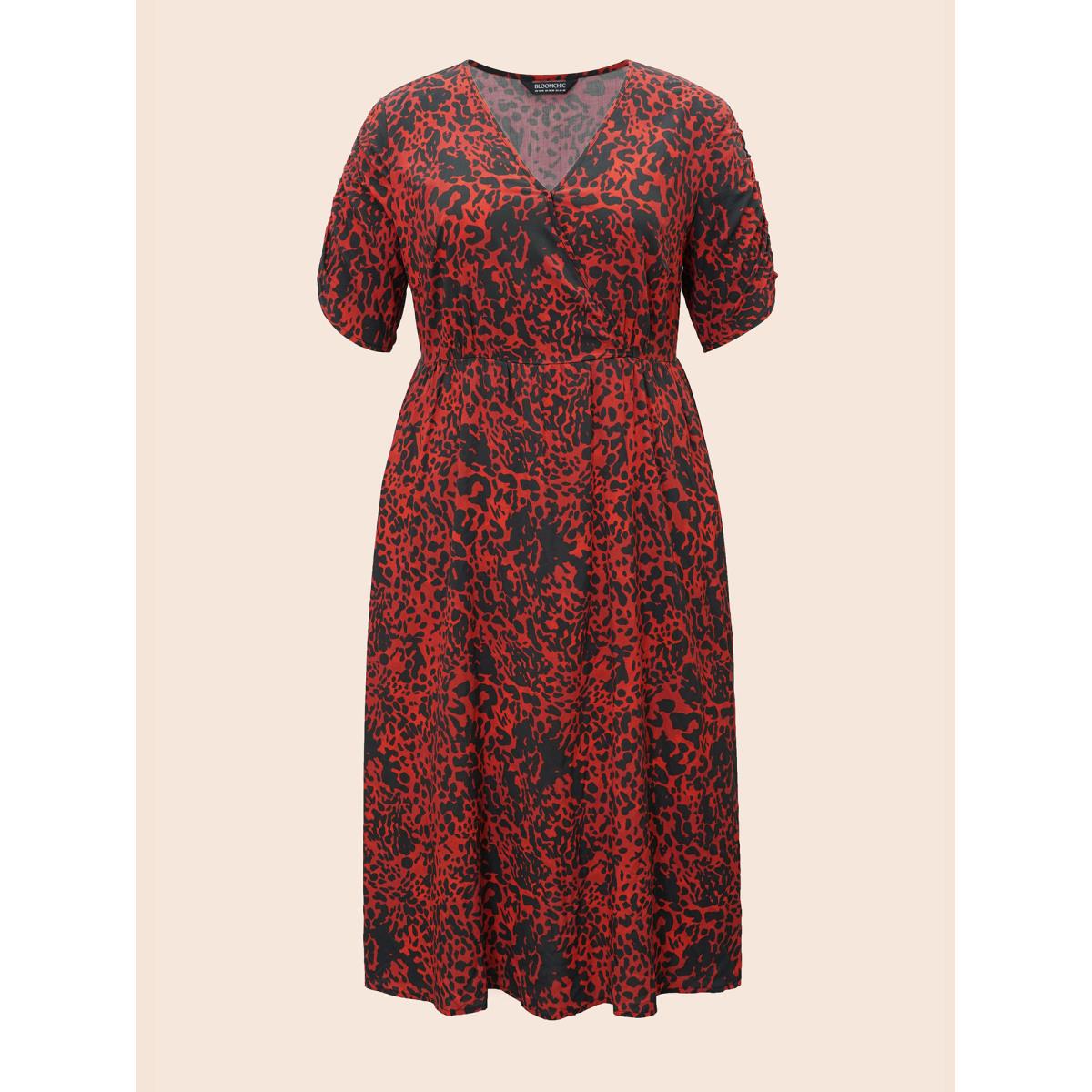 Plus Size Leopard Print V Neck Gathered Dress Burgundy Women Elegant Gathered Overlap Collar Short sleeve Curvy BloomChic 26/4X Product Image