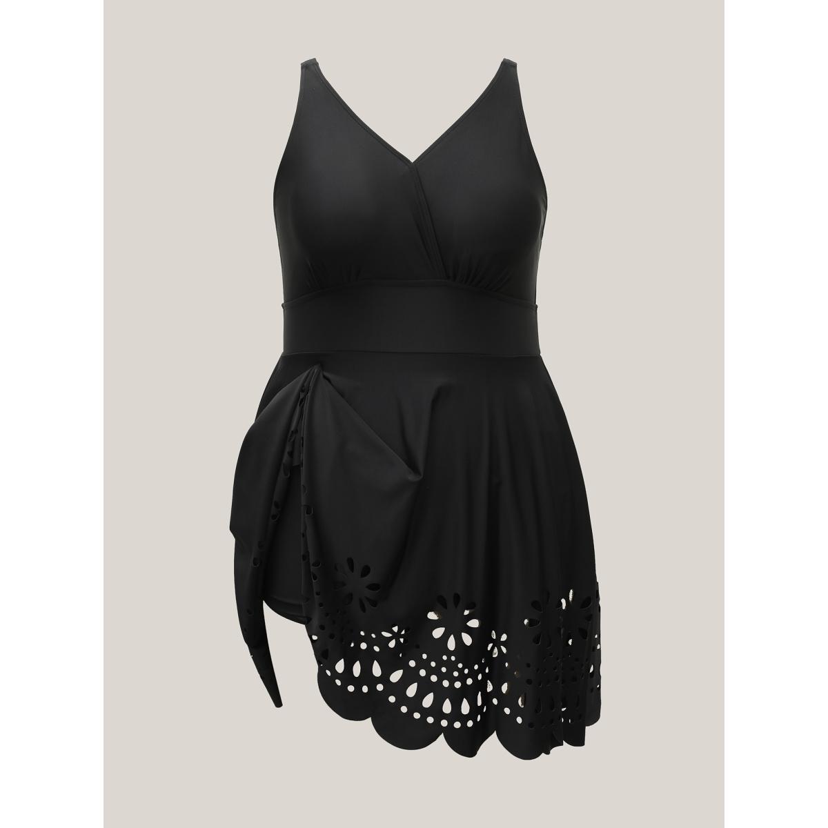 Plus Size Laser Cut Surplice Neck Waist-Cinched Swim Dress Women's Swimwear Black Resort Bodycon Overlap Collar High stretch Curve Swim Dresses BloomChic 26/4X Product Image