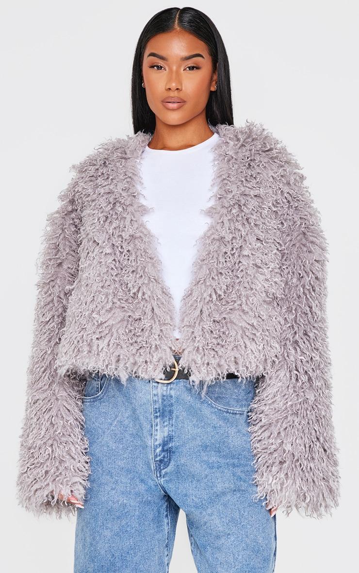  Grey Cropped Faux Fur Coat Product Image