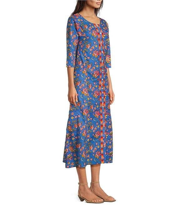 Ro's Garden Blair Woven Floral Print Scoop Neck Bracelet Sleeve Button Front Midi Dress Product Image