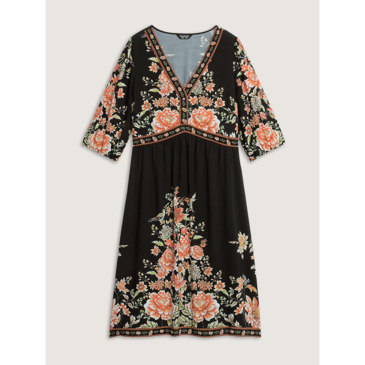 Plus Size Rayon Floral Print Contrast V-Neck Midi Dress Black Women Boho Gathered V-neck Elbow-length sleeve Curvy BloomChic 12/L Product Image