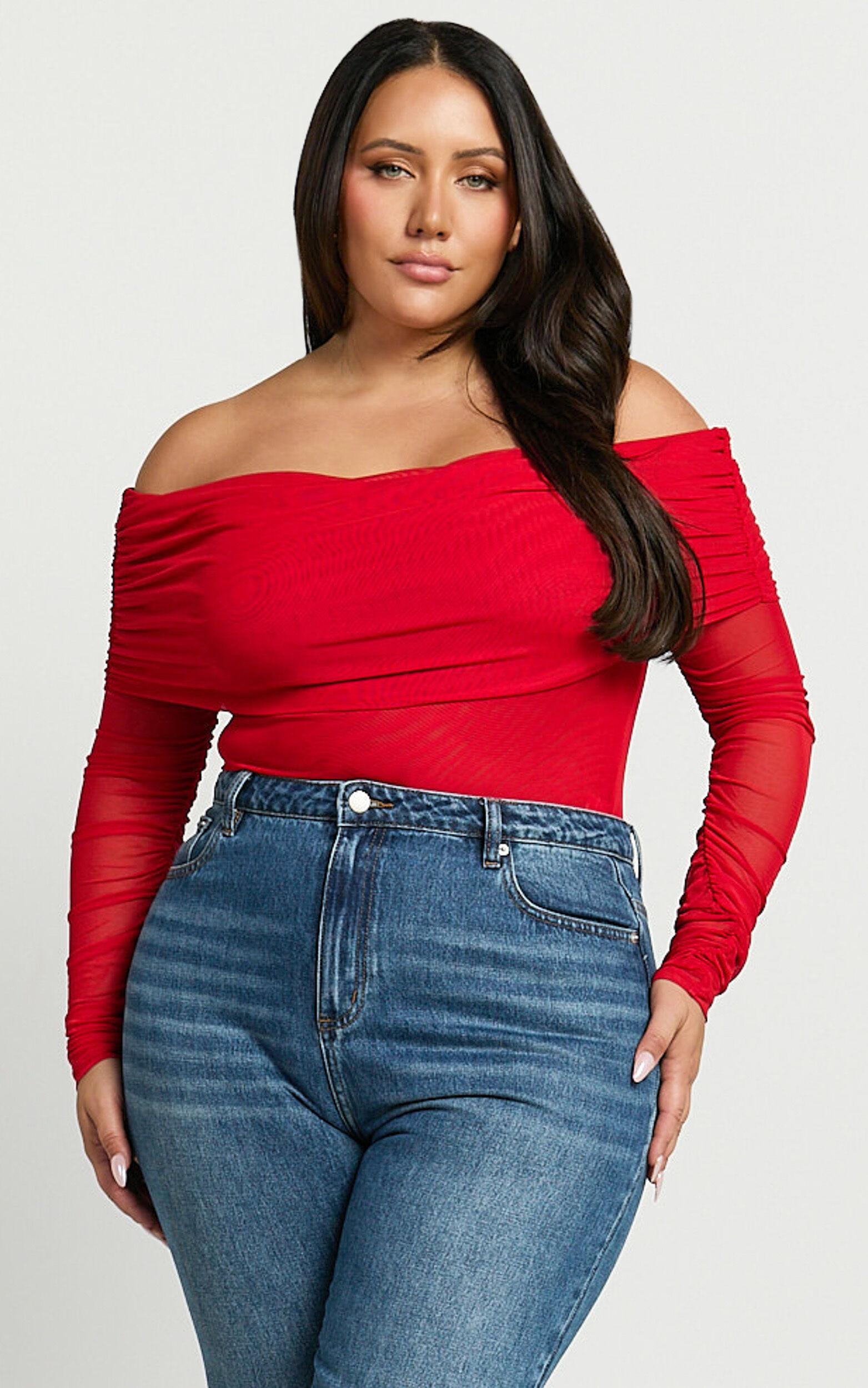 Jaythen Bodysuit - Long Sleeve Off Shoulder Ruched Mesh Bodysuit in Red Product Image