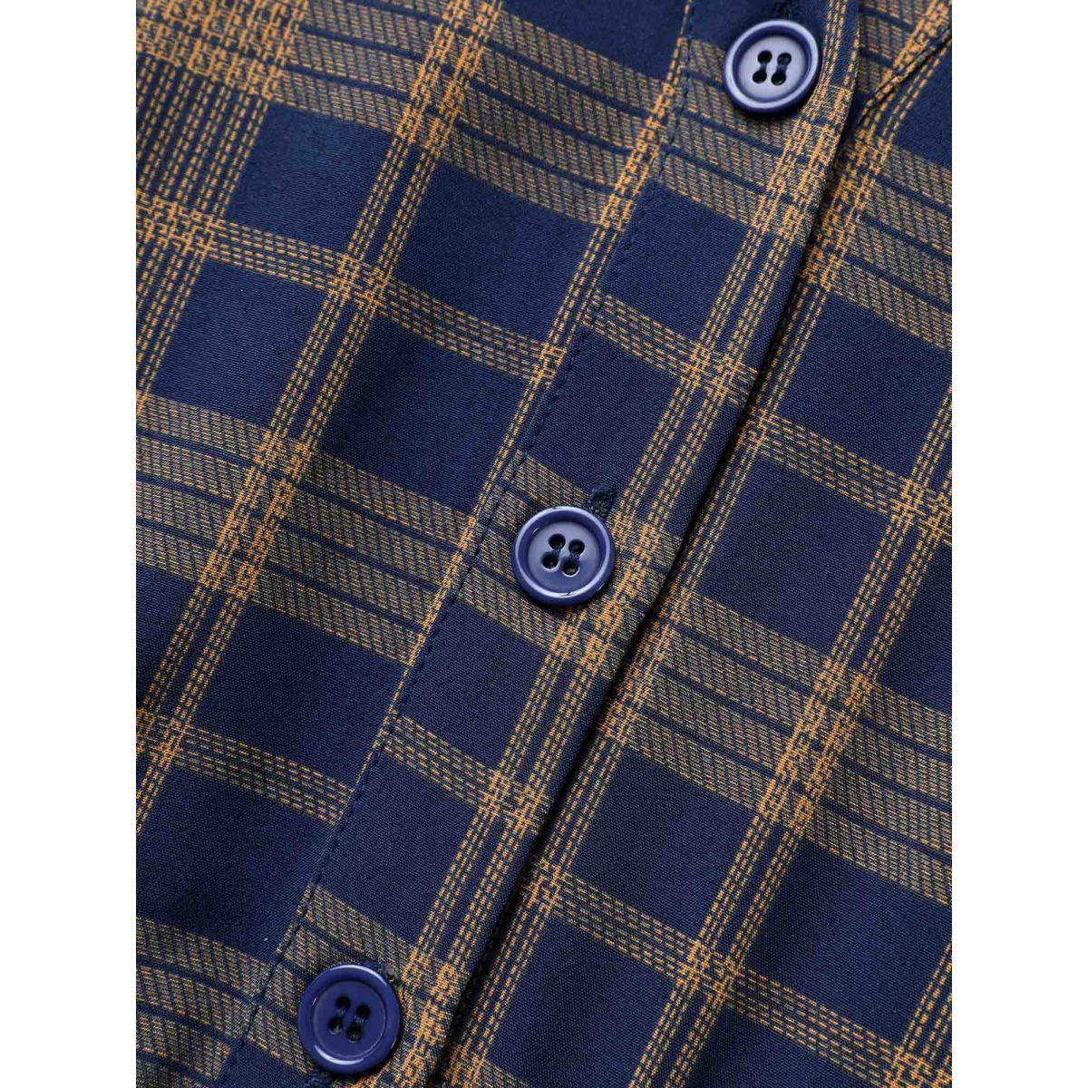 Plus Size Plaid Button Up Elastic Waist Pocket Dress DarkBlue Women At the Office Button Shirt collar Short sleeve Curvy BloomChic 10/M Product Image