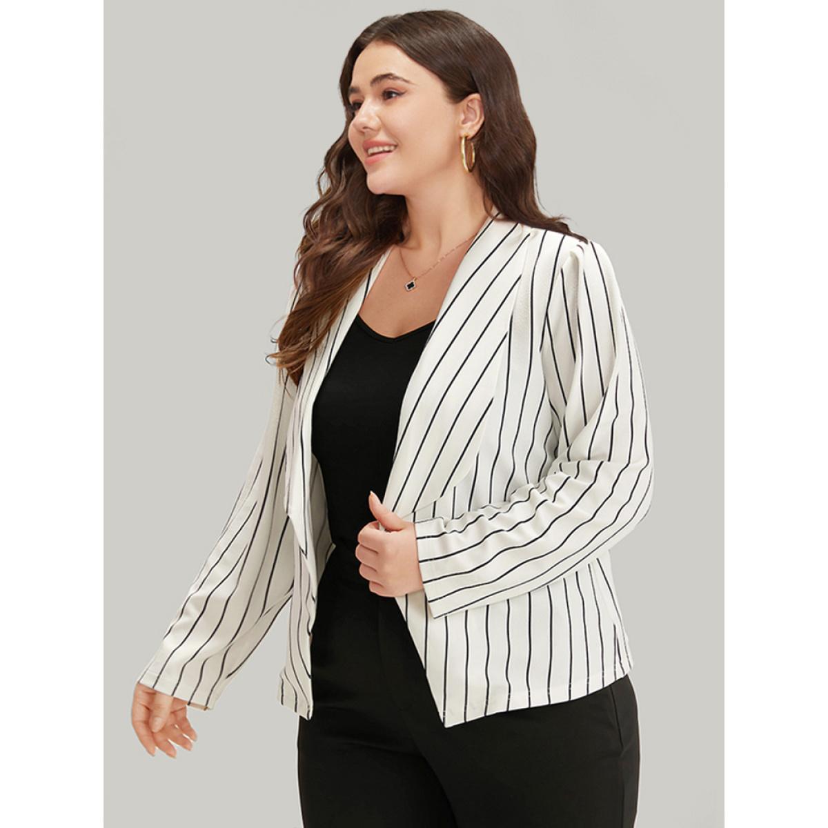 Plus Size Striped Lapel Collar Open Front Blazer White Women Office Striped Asymmetrical Sleeve Long Sleeve Lapel Collar 18-20/2X At the Office Blazers BloomChic Product Image