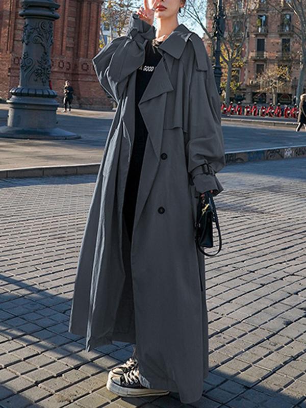 Long Sleeves Loose Buckle Buttoned Split-Back Tied Waist Lapel Outerwear Trench Coats Product Image