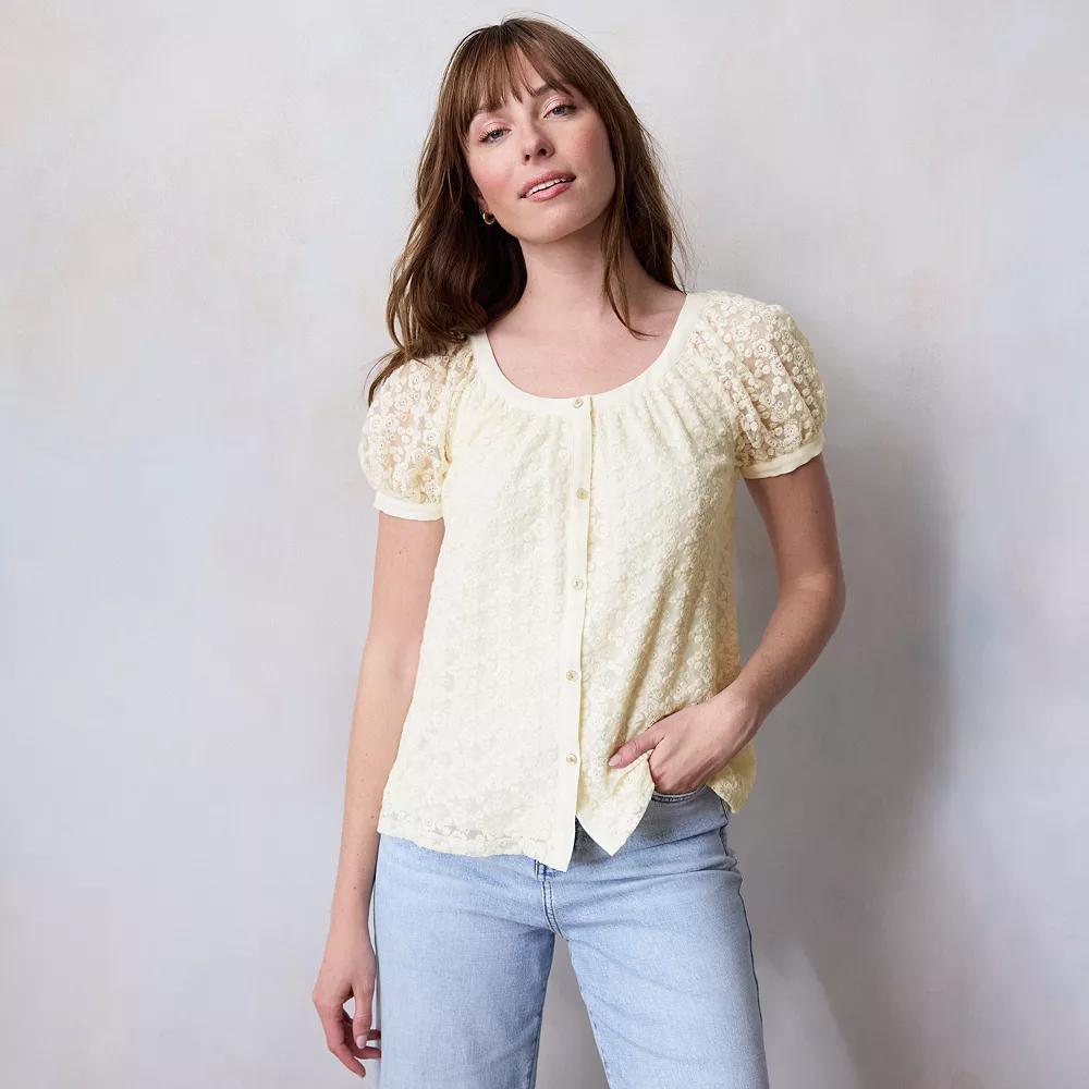 Women's LC Lauren Conrad Puff Sleeve Lace Blouse, Size: Small, Ivory Silk Product Image
