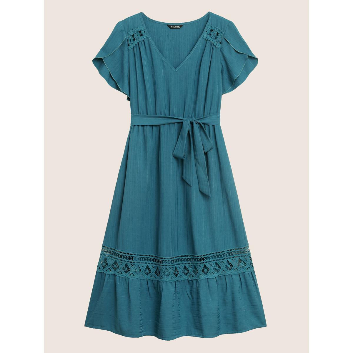 Plus Size Solid Crochet Lace Petal Sleeve Dress Aegean Women Elegant Woven ribbon&lace trim V-neck Short sleeve Curvy BloomChic 18-20/2X Product Image