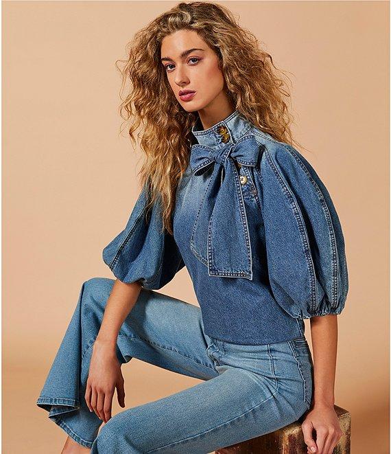 A Loves A Denim 3/4 Puffed Sleeve Pleated Shoulder Tie Neck Denim Top Product Image
