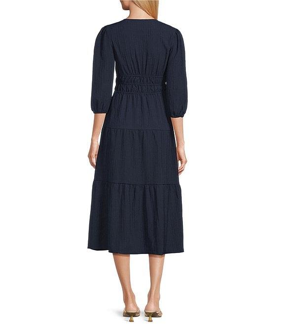 Leslie Fay Knit Jacquard 3/4 Sleeve V-Neck Tiered A-Line Tiered Midi Dress Product Image