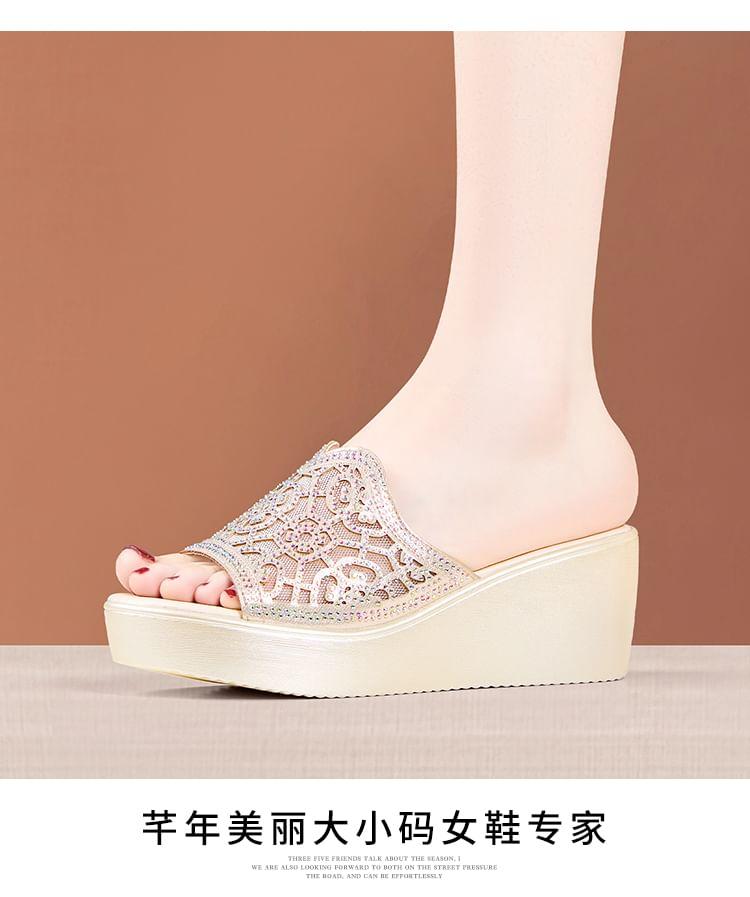 Platform Rhinestone Cutout Slide Sandals Product Image