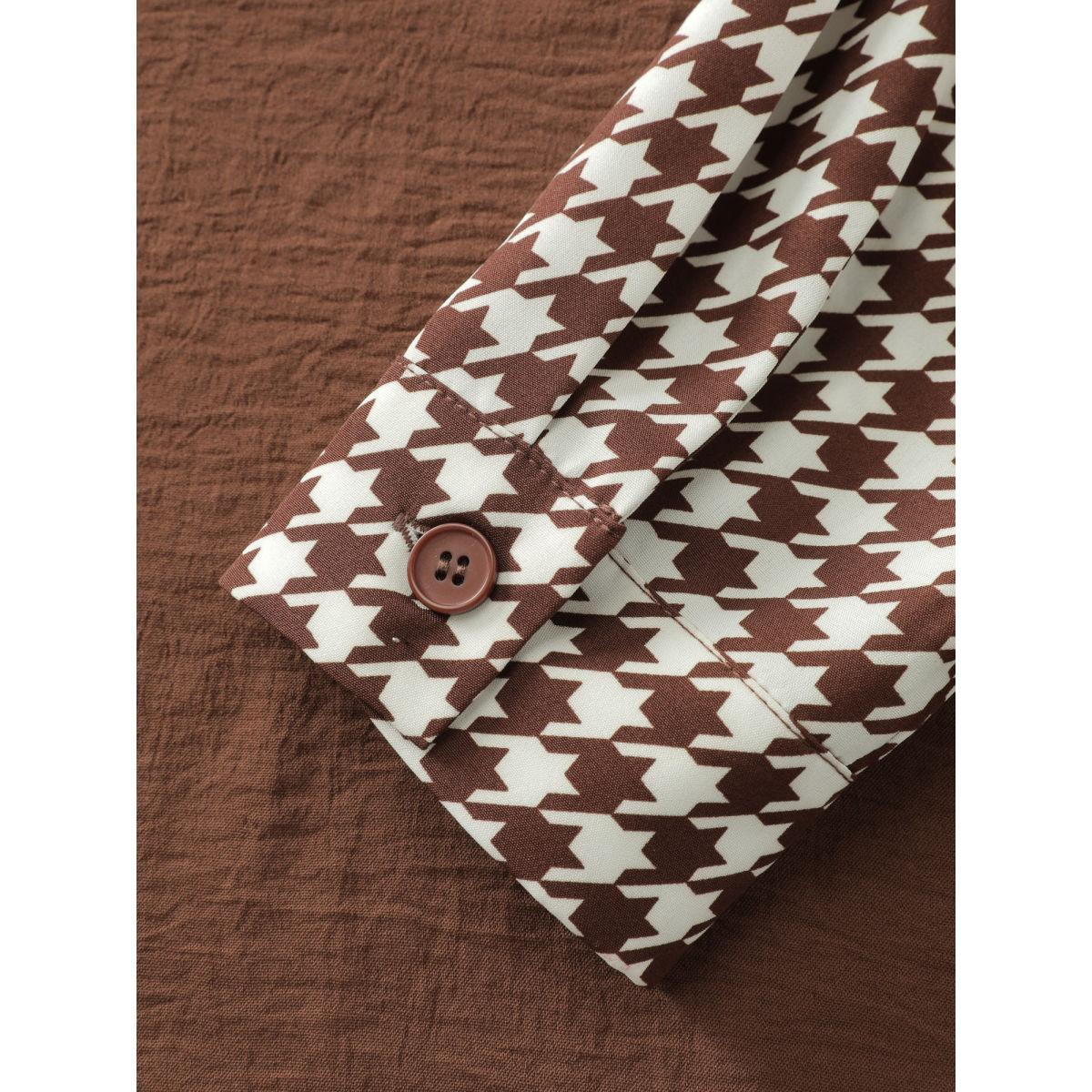 Plus Size Browncoffeecolor Checkered Contrast Button V-Neck Blouse Women Office Short sleeve V-neck Office Blouses BloomChic 18-20/2X Product Image