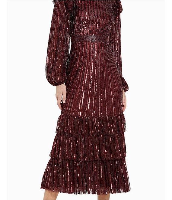 Mac Duggal Sequin Embellished Mesh High Neck Blouson Sleeves Ruffle Dress Product Image