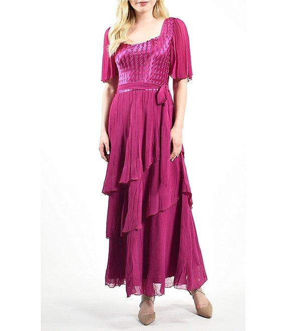 Komarov Square Neck Tiered Bottom Chiffon Sleeve Gown Product Image