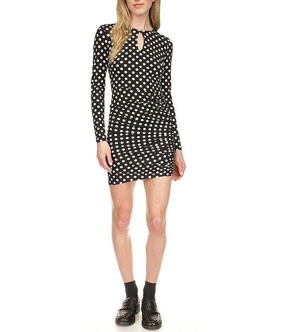 Michael Kors Polka Dot Matte Jersey Keyhole Crew Neck Long Sleeve Bodycon Mini Dress Product Image