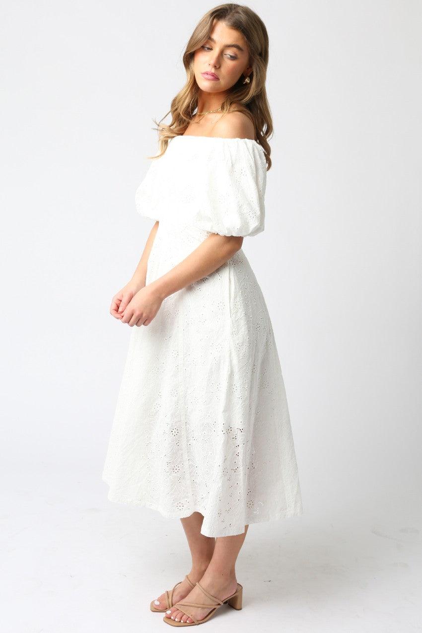 Gracie Eyelet Puff Sleeve Midi Dress | White Product Image