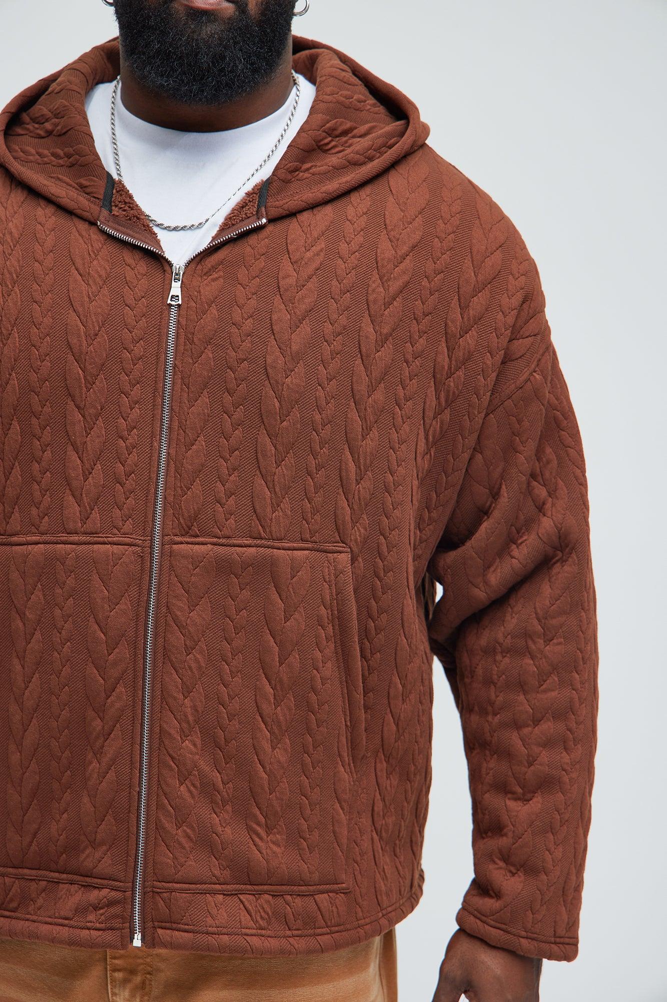 Lane Cable Knit Zip Up Hoodie - Brown Product Image