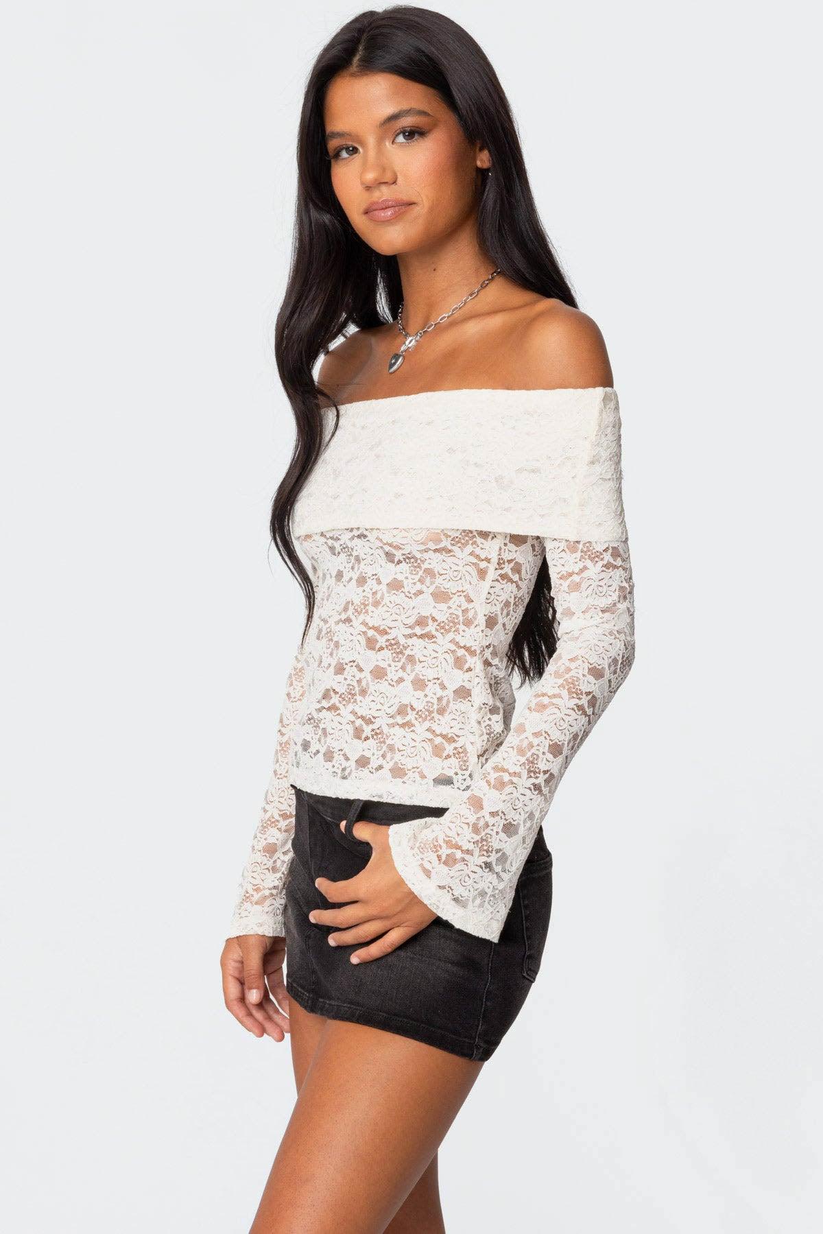 Ashley Off Shoulder Sheer Lace Top Product Image