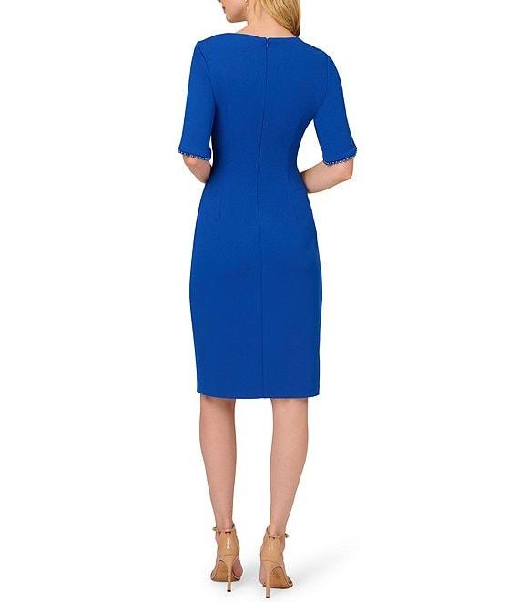 Adrianna Papell Knit Crepe Pearl Trim Short Tulip Sleeve V-Neck Front Slit Sheath Dress Product Image