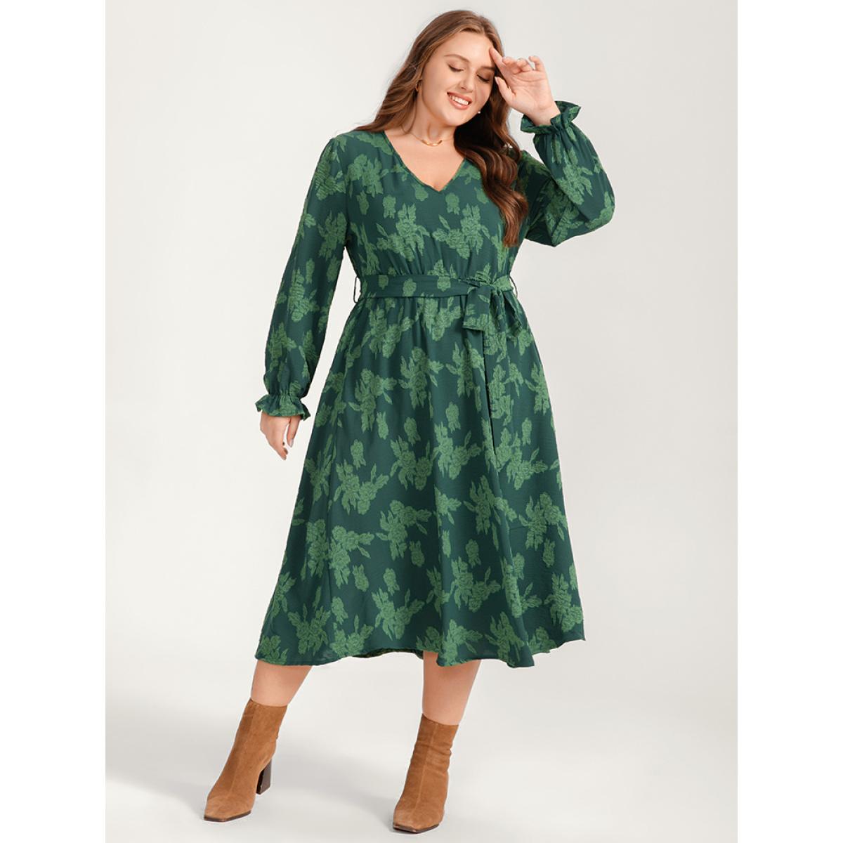 Plus Size Floral Print Lantern Sleeve Pocket Belted Midi Dress Green Women Elegant Pocket V-neck Long Sleeve Curvy Midi Dress BloomChic 18-20/2X Product Image