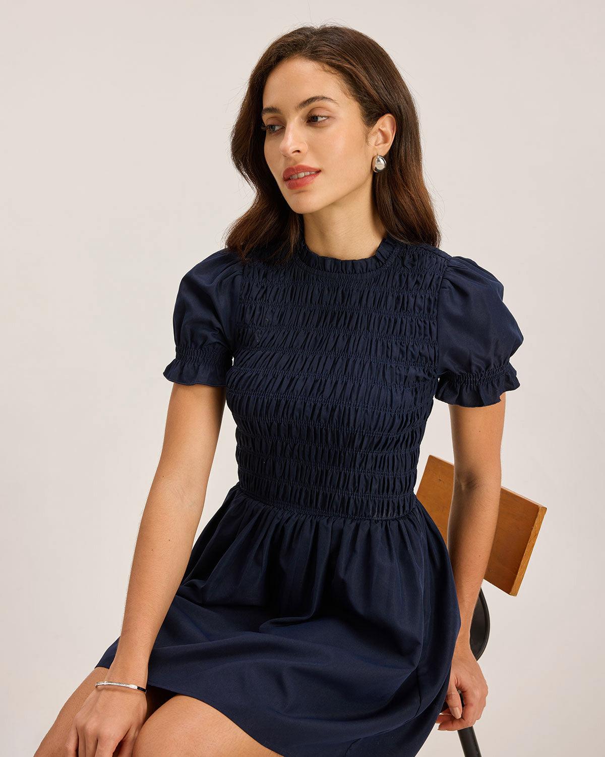 Blue Shirred Puffed Sleeve Mini Dress Product Image