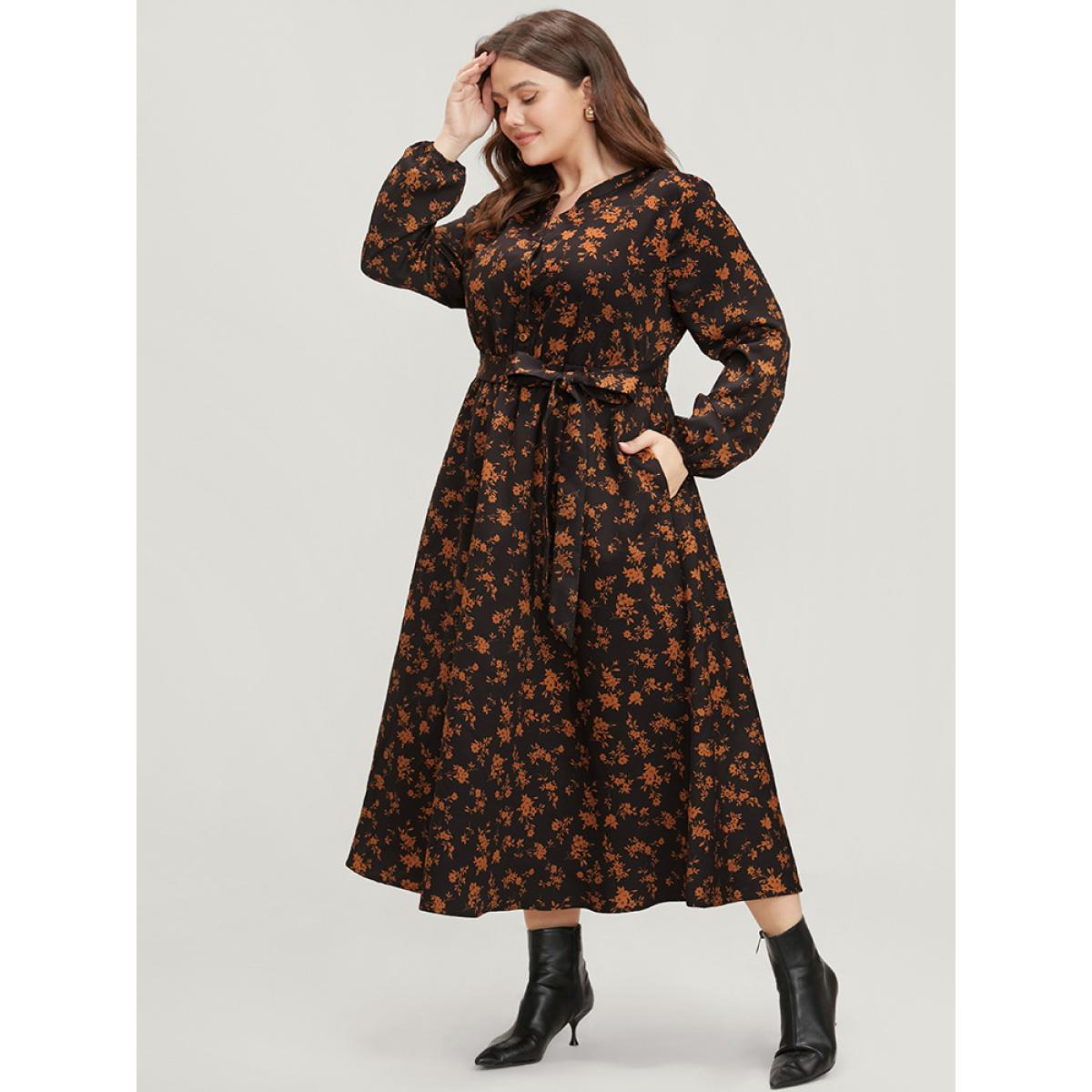 Plus Size Ditsy Floral Pocket Belted Lantern Sleeve Midi Dress Black Women Elegant Button V-neck Long Sleeve Curvy Midi Dress BloomChic 10/M Product Image