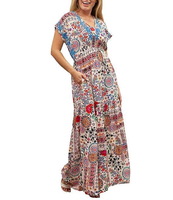Karyn Seo Gypsy Bohemian Print Cinched Waist V-Neck Short Sleeve Maxi Dress Product Image