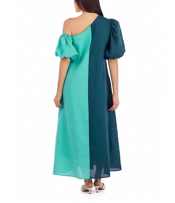 CROSBY by Mollie Burch Lovett Colorblock Asymmetrical Neckline Short Puff Sleeve Linen Maxi Dress Product Image